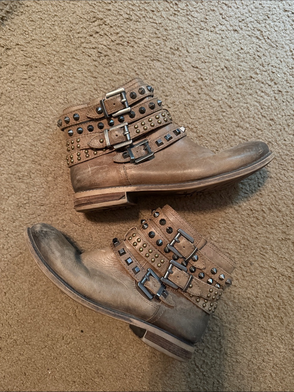 Women's Tan Stud-Embellished Ankle Booties with Buckle Straps